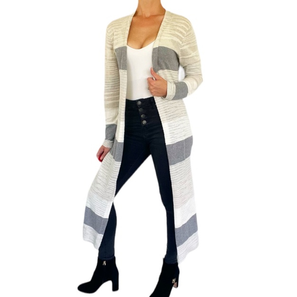 CAbi beige gray striped color block long cotton drape cardigan size XS